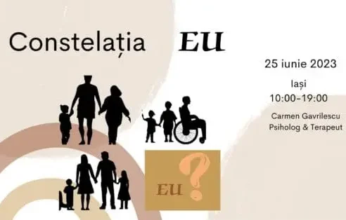 Afiș oficial pentru evenimentul „Constelația EU” – program de psihoterapie sistemică centrat pe identitate și relații interioare