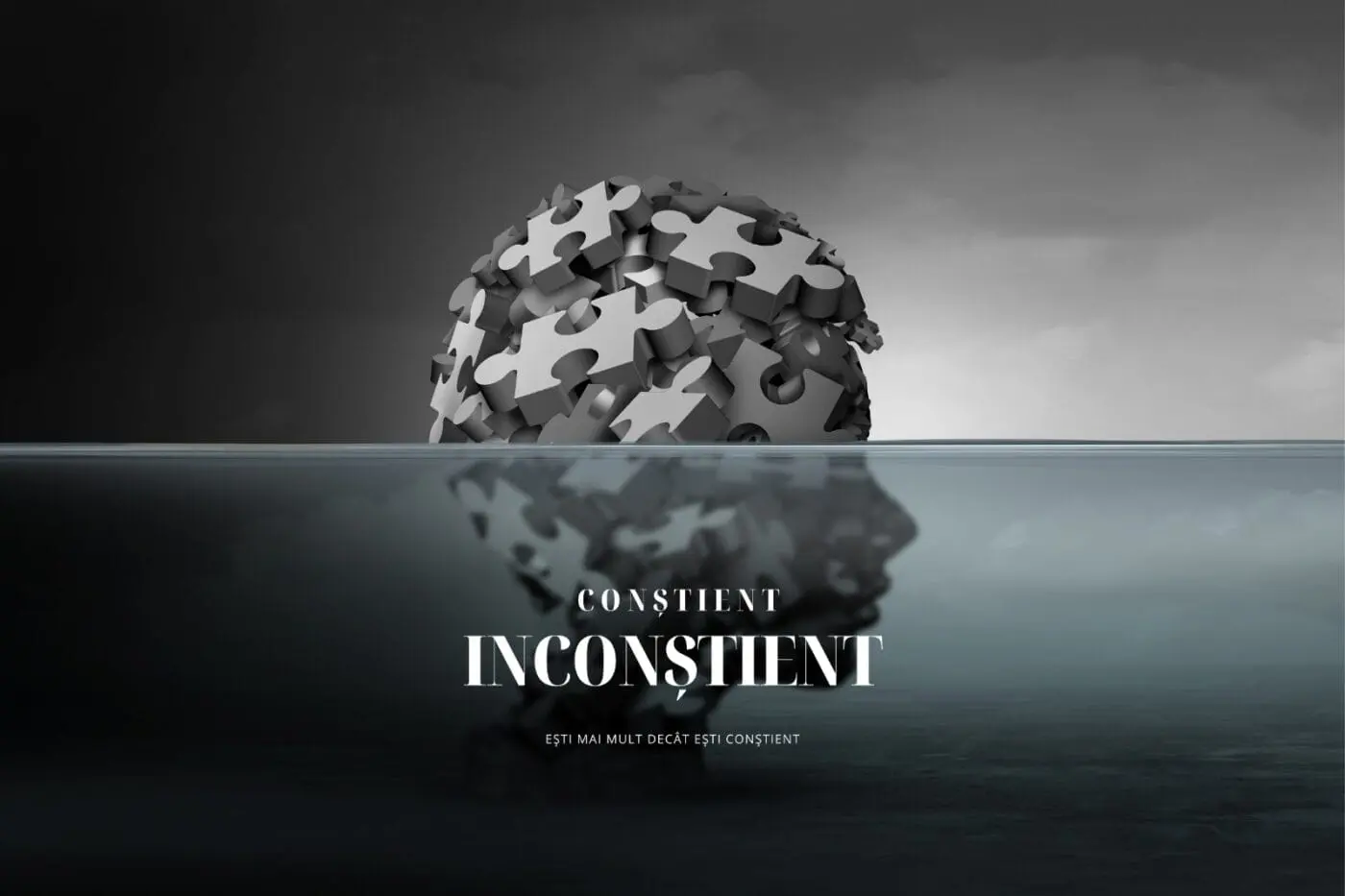 Resetarea proiectorului intern ilustrată printr-un iceberg de piese de puzzle – conștient vs. inconștient.